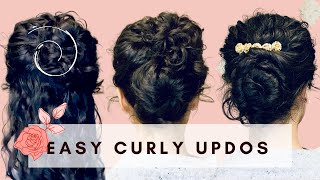 3 Easy Curly Updos  5Minute Work amp Special Occasion Curly Hairstyles [upl. by Adnolehs]