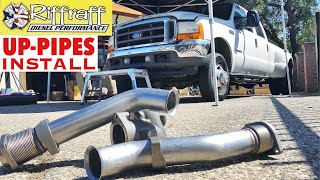 2001 F350 73  RiffRaff UpPipes Install  Stock up pipes leaking and falling apart JUNK SP [upl. by Atinit]