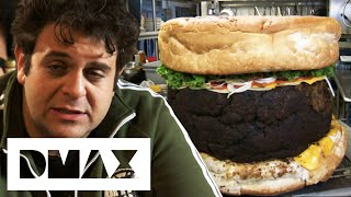 Adam Attempts To Eat A 190 LB Burger That Weights Nearly The Same As Him  Man V Food [upl. by Herzog]