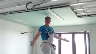 Самый ЛЕГКИЙ монтаж гипсокартон на потолок в одиночку Easist install gypsum board ceiling 11 [upl. by Sueddaht]