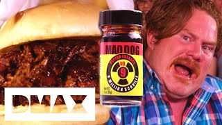 Casey Webb Takes On A 9 MILLION Scoville Pulled Pork Challenge  Man v Food [upl. by Adnirol645]